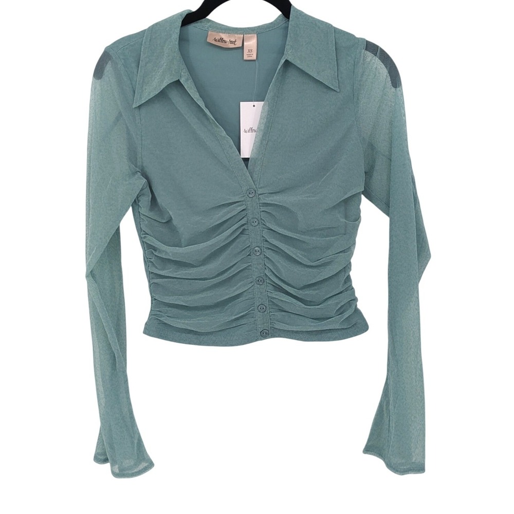 Y2K Sheer Ruched Top Women XS Green Mesh Long Sleeve Willow Root 90s Cropped NWT